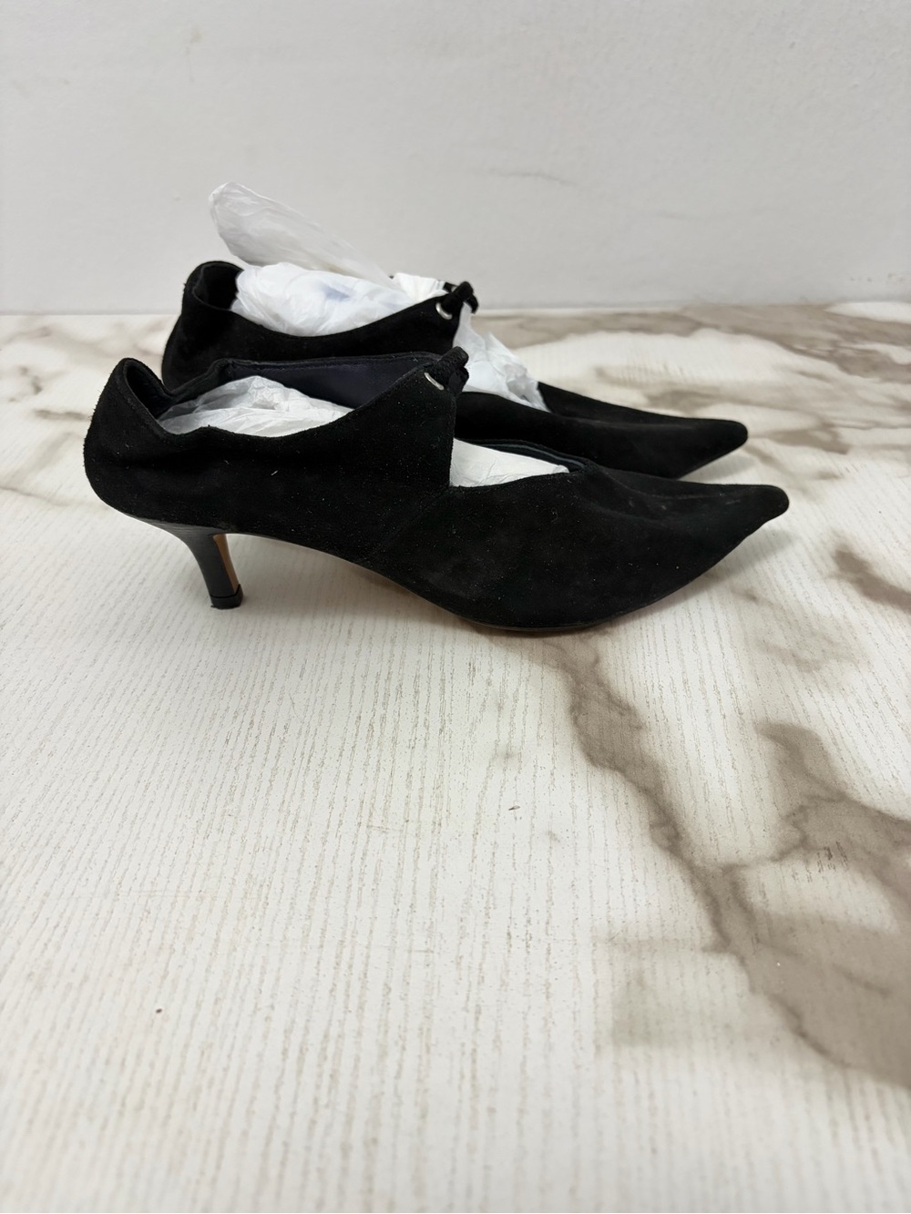 CELINE Phoebe Philo Black Suede Pointed Toe Kitten Heels Grommet Tie Pumps 35